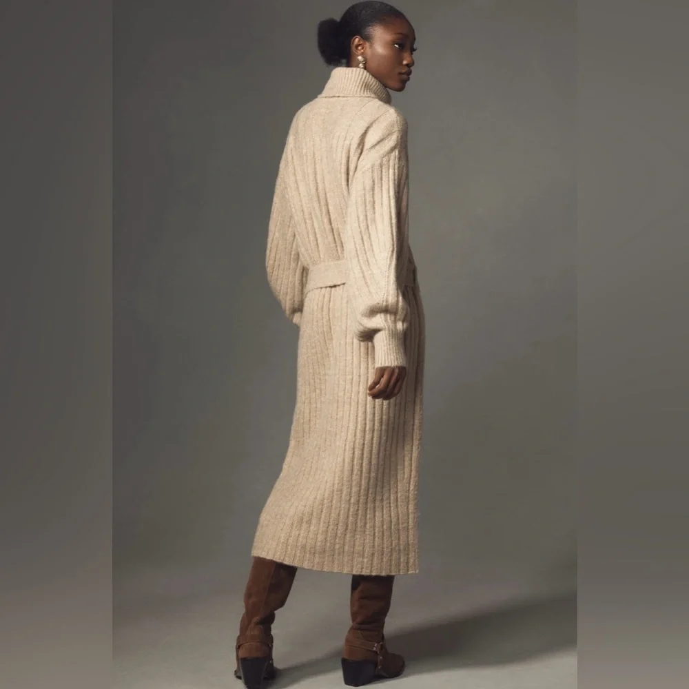 Anthropologie Long sleeve oversized turtleneck belted sweater midi dress, sz XSP - Picture 11 of 13